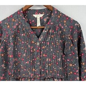 Matilda Jane Blouse Women M Gray Floral Afternoon Stroll Pleated  #26652T EUC